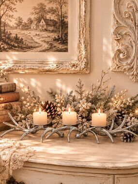 Vintage Antler Candelabra With 3 Candle Holder Plates & Intertwining Branches